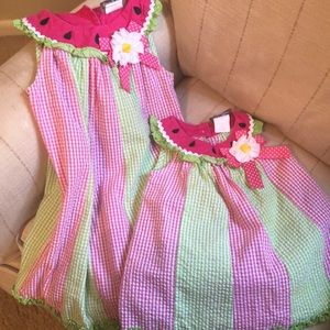 Watermelon seersucker sibling set-sizes 5 and 18m